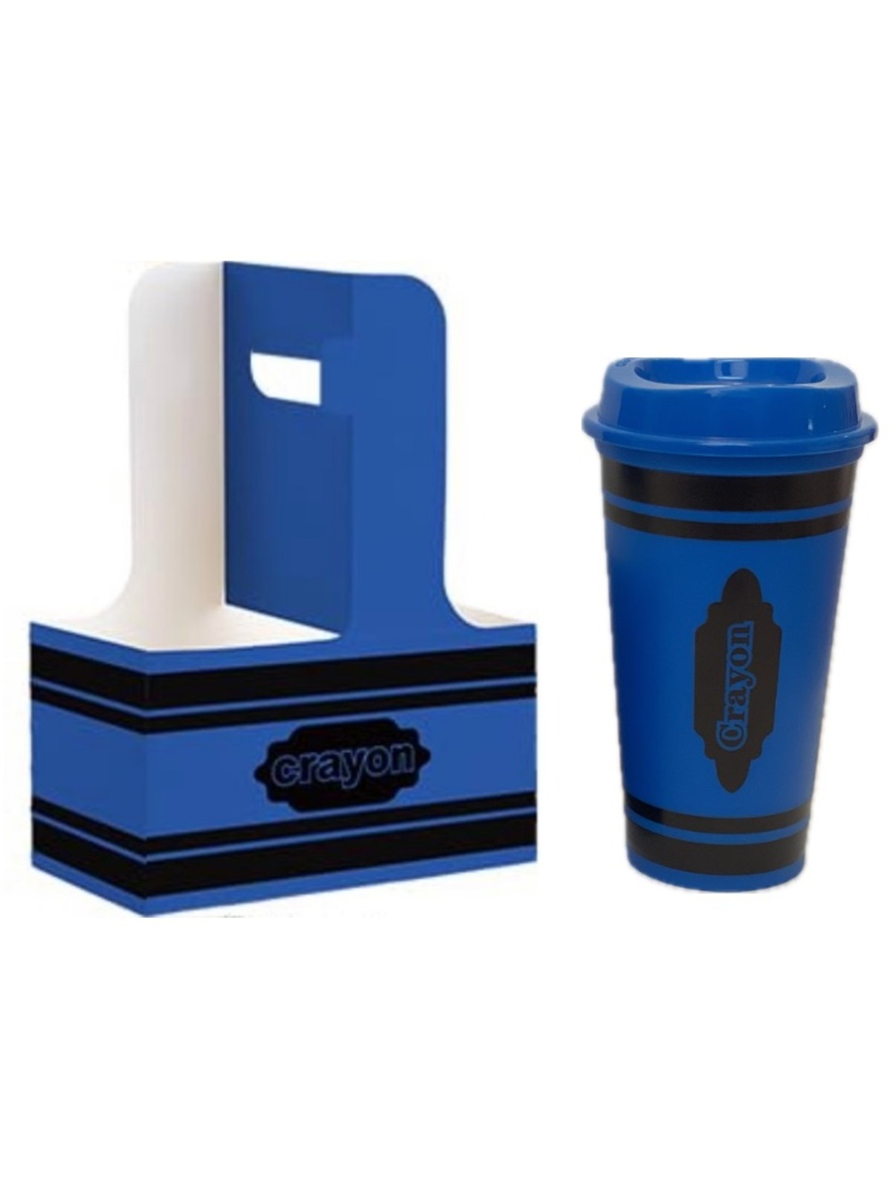 Teacher Gift - Blue Crayon Design Drink Carrier With Reusable Plastic Cup NEW